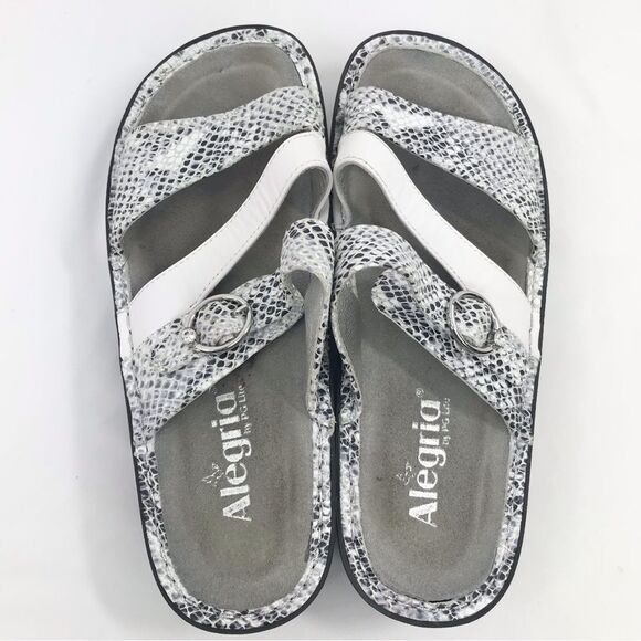 Alegria COLETTE White Metallic Silver Reptile Strappy Support Slide Sandals - Picture 6 of 16